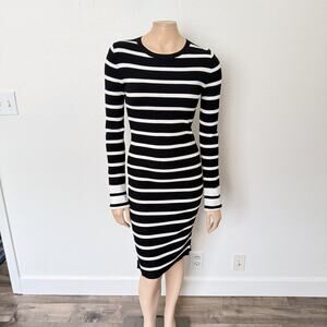 [Theory] Black White Striped Crew Neck Long Sleeve Knit Sweater Dress Sz Small S